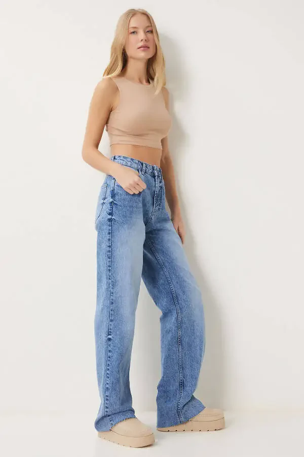 Woman Blue High Waist Wide Leg Jeans FN03425 - 4