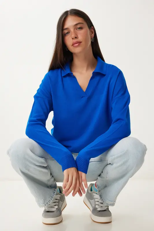 Woman Blue Polo Neck Basic Sweater bv00094-Blue - 1