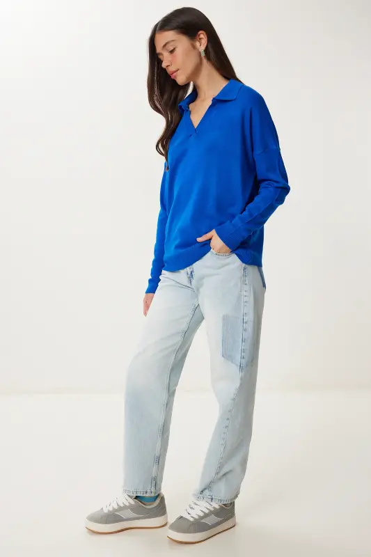 Woman Blue Polo Neck Basic Sweater bv00094-Blue - 3