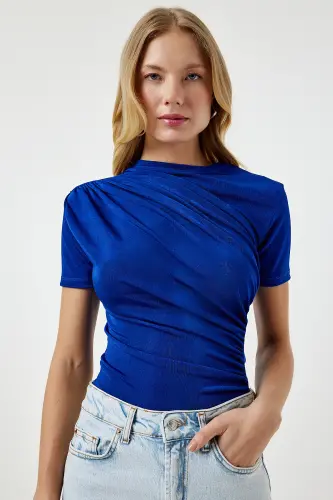 Woman Blue Ruched Detail Viscose Blouse FF00156-Blue - 3