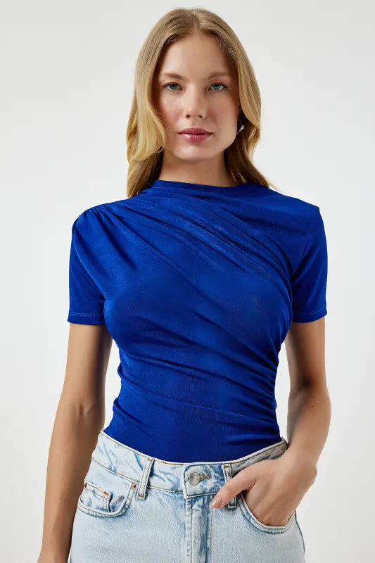 Woman Blue Ruched Detail Viscose Blouse FF00156-Blue - 3