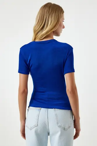 Woman Blue Ruched Detail Viscose Blouse FF00156-Blue - 5