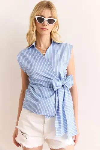 Woman Blue Shirt Collar Side Tie Striped Pa - 1