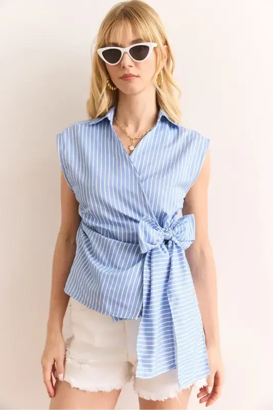 Woman Blue Shirt Collar Side Tie Striped Pa - 2