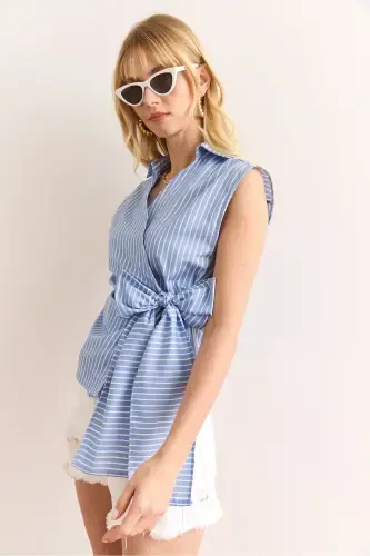 Woman Blue Shirt Collar Side Tie Striped Pa - 3