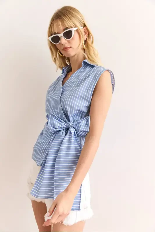 Woman Blue Shirt Collar Side Tie Striped Pa - 3