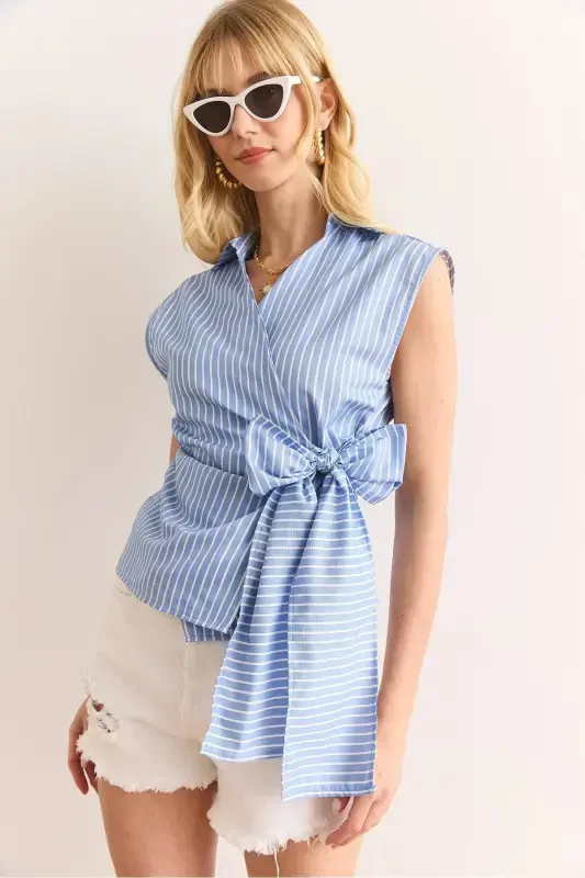 Woman Blue Shirt Collar Side Tie Striped Pa - 4