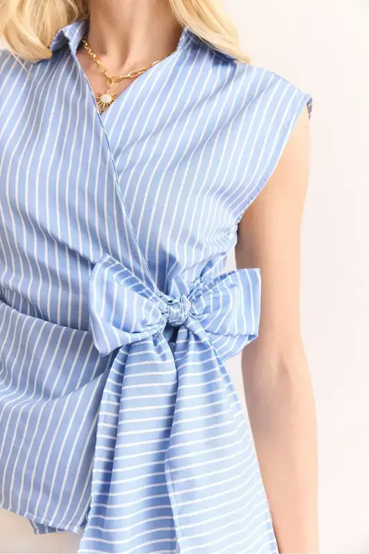 Woman Blue Shirt Collar Side Tie Striped Pa - 5