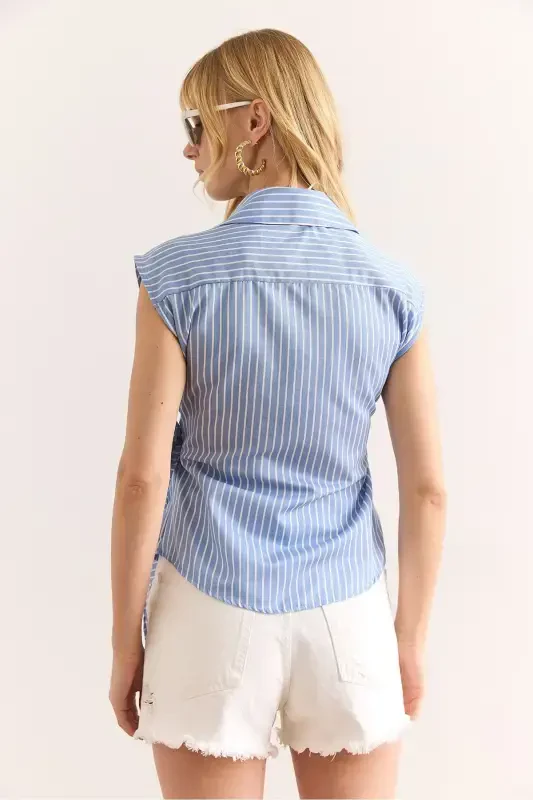 Woman Blue Shirt Collar Side Tie Striped Pa - 6