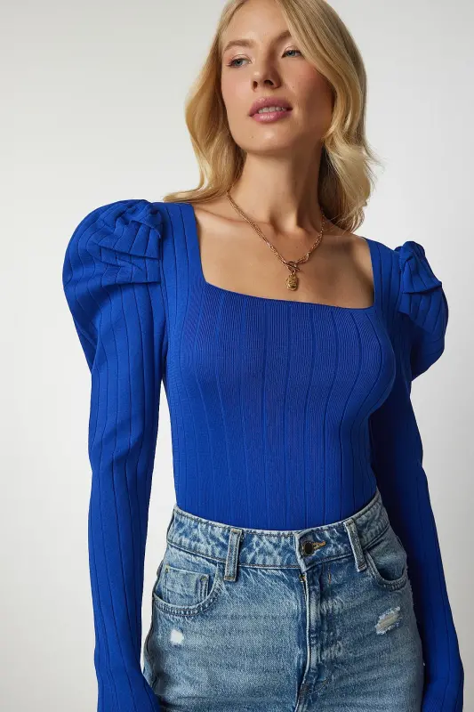Woman Blue Square Neck Ribbed Knit Blouse YY00159-Blue - 2