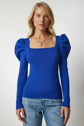 Woman Blue Square Neck Ribbed Knit Blouse YY00159-Blue - 3