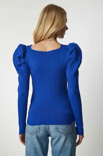 Woman Blue Square Neck Ribbed Knit Blouse YY00159-Blue - 5