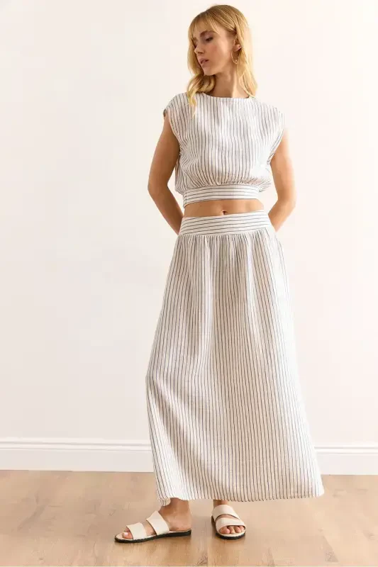 Woman Blue Striped Back Drop Six Banded Striped - 1