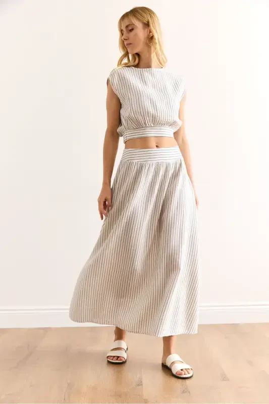 Woman Blue Striped Back Drop Six Banded Striped - 3