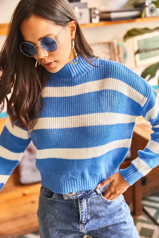 Woman Blue Striped Half Turtleneck Crop Knit Sweater KZK-19000402-Blue - 2