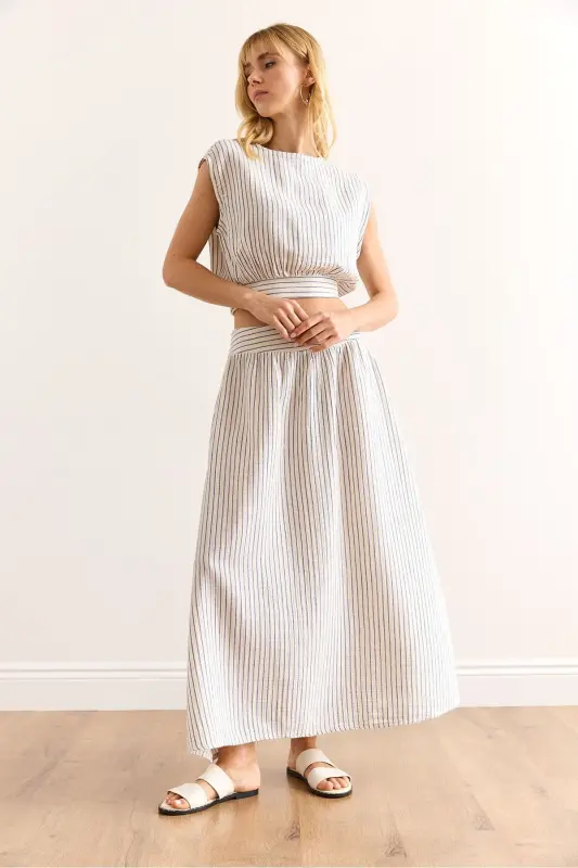 Woman Blue Striped Side Zippered Midi Flared Muslin - 1