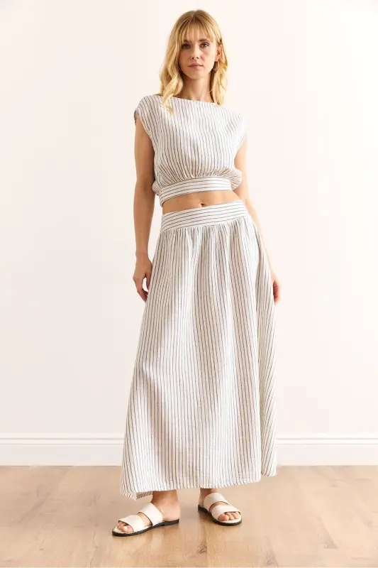 Woman Blue Striped Side Zippered Midi Flared Muslin - 3