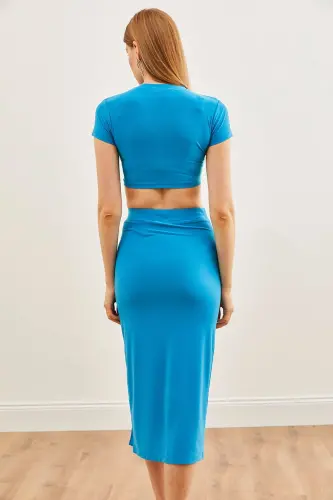 Woman Blue Top Blouse Deep Slit Sandy Jewelry - 6