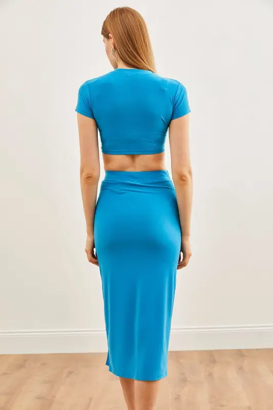 Woman Blue Top Blouse Deep Slit Sandy Jewelry - 6
