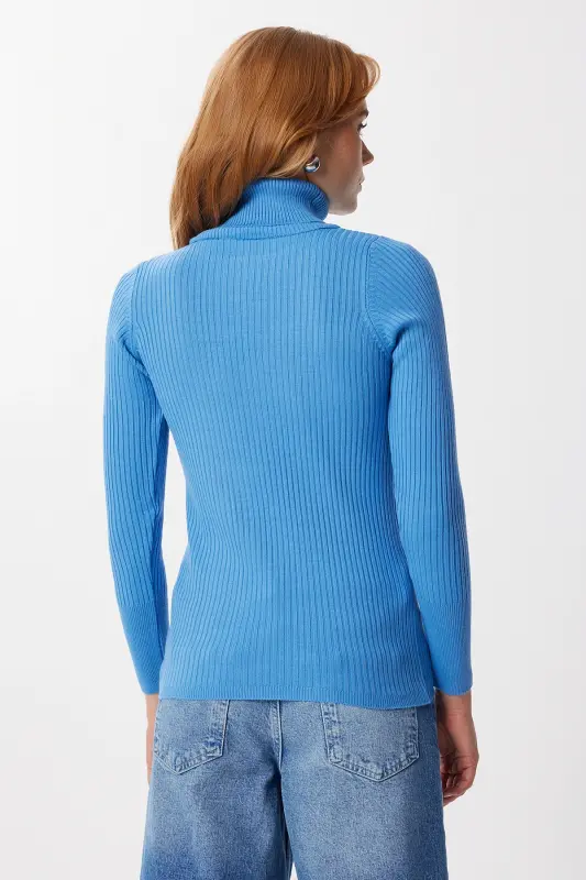 Woman Blue Turtleneck Ribbed Lycra Sweater DD01007-Blue - 6