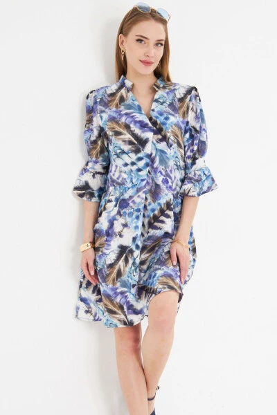 Woman Blue V Neck Pleated Detail Pocketed Three Quarter Sleeve Dress - ARMONIKA