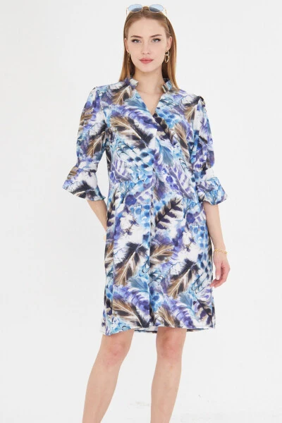 Woman Blue V Neck Pleated Detail Pocketed Three Quarter Sleeve Dress - ARMONIKA (1)