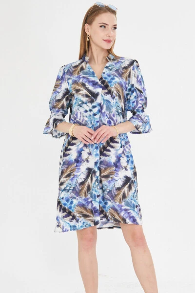 Woman Blue V Neck Pleated Detail Pocketed Three Quarter Sleeve Dress - 4