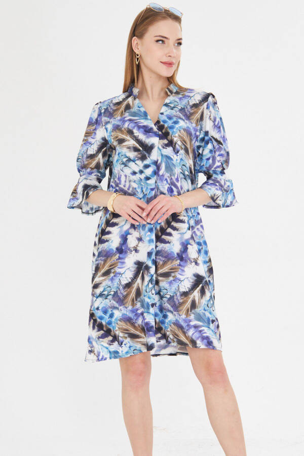 Woman Blue V Neck Pleated Detail Pocketed Three Quarter Sleeve Dress - 4