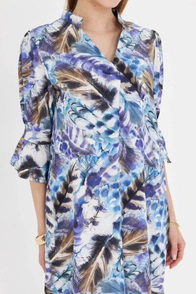 Woman Blue V Neck Pleated Detail Pocketed Three Quarter Sleeve Dress - 5