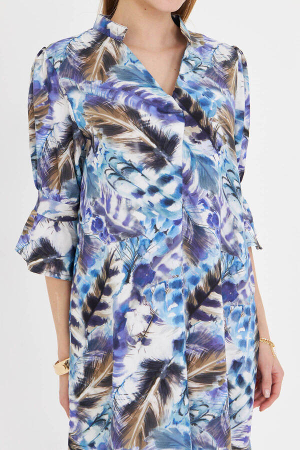 Woman Blue V Neck Pleated Detail Pocketed Three Quarter Sleeve Dress - 5