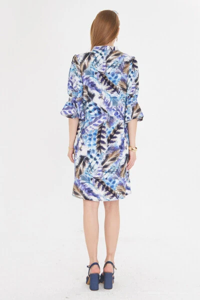 Woman Blue V Neck Pleated Detail Pocketed Three Quarter Sleeve Dress - 6