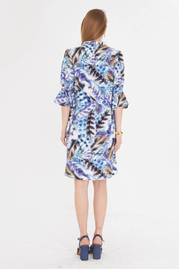 Woman Blue V Neck Pleated Detail Pocketed Three Quarter Sleeve Dress - 6