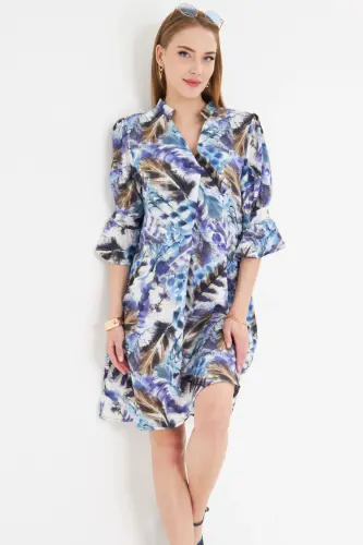 Woman Blue V Neck Pleated Detail Pocketed Three Quarter Sleeve Dress - ARMONIKA (1)