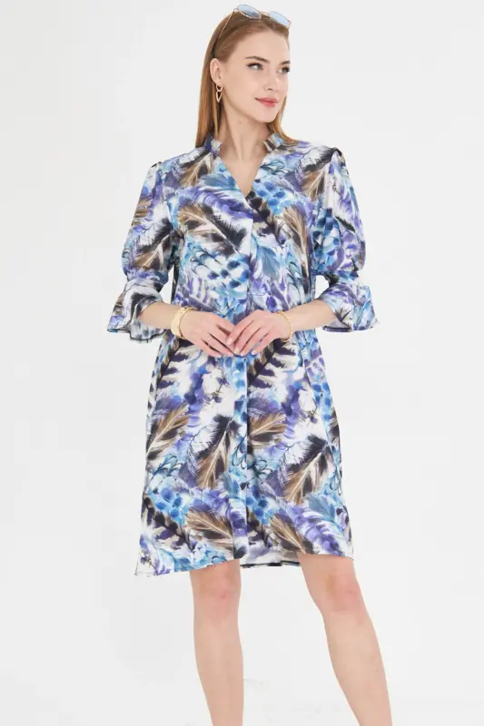 Woman Blue V Neck Pleated Detail Pocketed Three Quarter Sleeve Dress - 5
