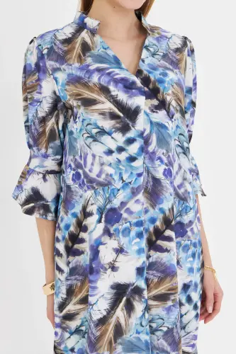 Woman Blue V Neck Pleated Detail Pocketed Three Quarter Sleeve Dress - 6