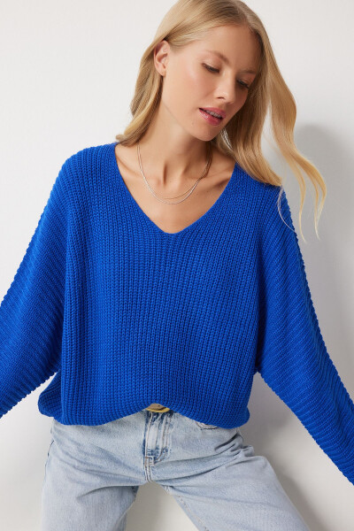 Woman Blue V Neck Ribbed Knit Oversize Knitwear Sweater - 3