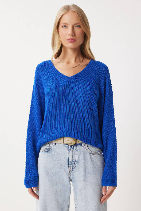Woman Blue V Neck Ribbed Knit Oversize Knitwear Sweater - 5