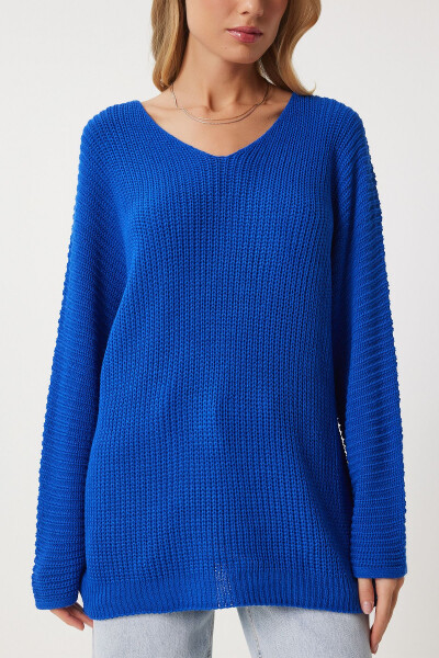 Woman Blue V Neck Ribbed Knit Oversize Knitwear Sweater - 6