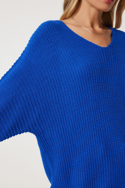 Woman Blue V Neck Ribbed Knit Oversize Knitwear Sweater - 7
