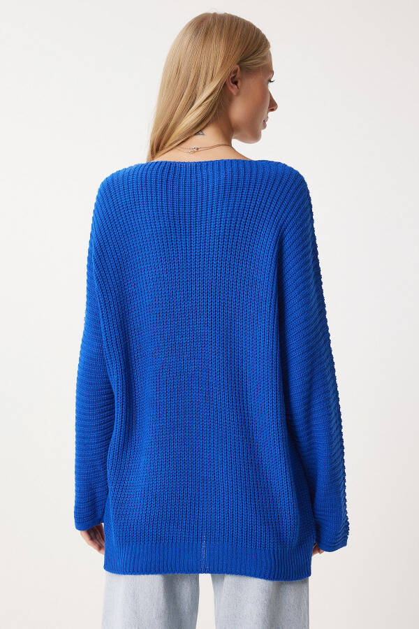 Woman Blue V Neck Ribbed Knit Oversize Knitwear Sweater - 8