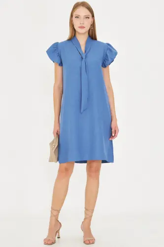 Woman Blue V Neck Ruffled Sleeve Tie Detailed Dress ARM-25Y001022-Blue - 2