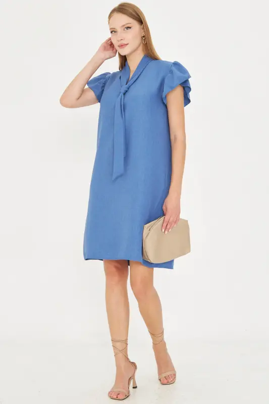 Woman Blue V Neck Ruffled Sleeve Tie Detailed Dress ARM-25Y001022-Blue - 4
