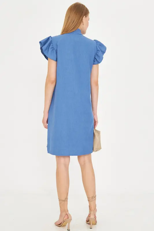 Woman Blue V Neck Ruffled Sleeve Tie Detailed Dress ARM-25Y001022-Blue - 5