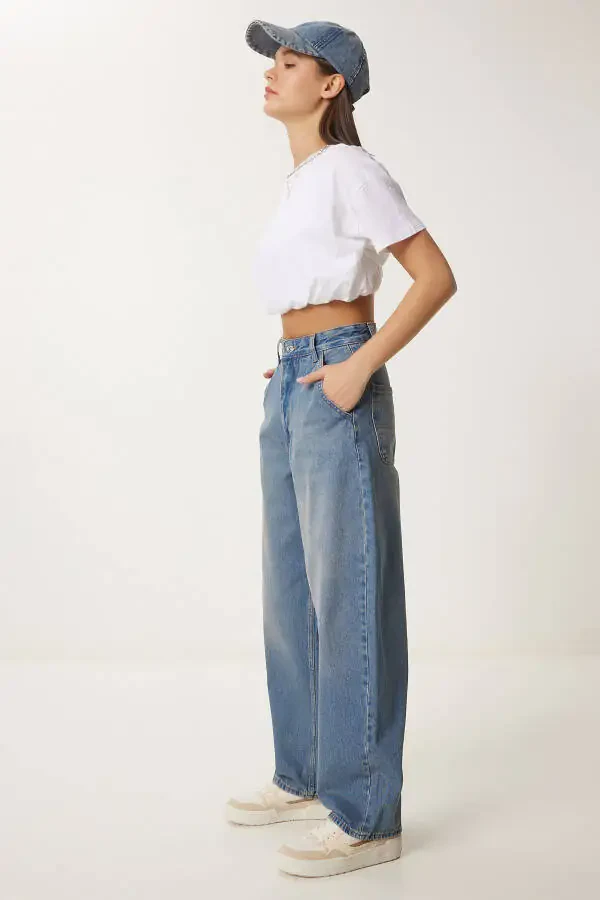 Woman Blue Wash Baggy Jean OK00064-Blue - 1