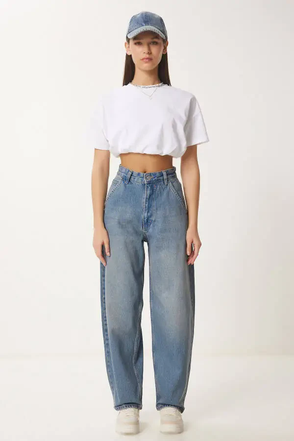 Woman Blue Wash Baggy Jean OK00064-Blue - 2