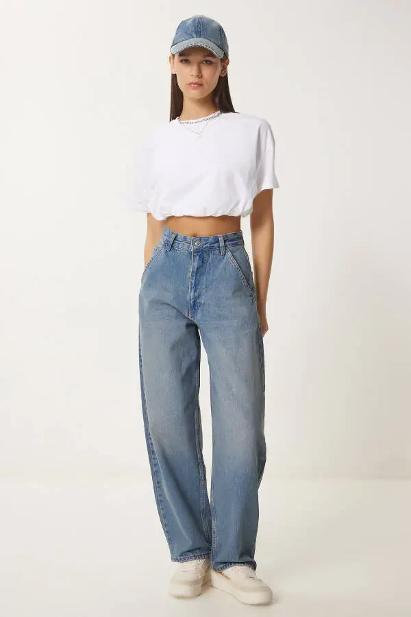 Woman Blue Wash Baggy Jean OK00064-Blue - 3