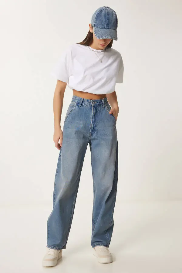 Woman Blue Wash Baggy Jean OK00064-Blue - 4