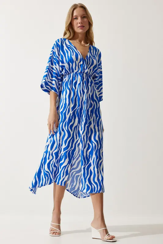 Woman Blue White Deep V Neck Summer Long Viscose Dress CI00081-Blue White - HAPPINESS İSTANBUL