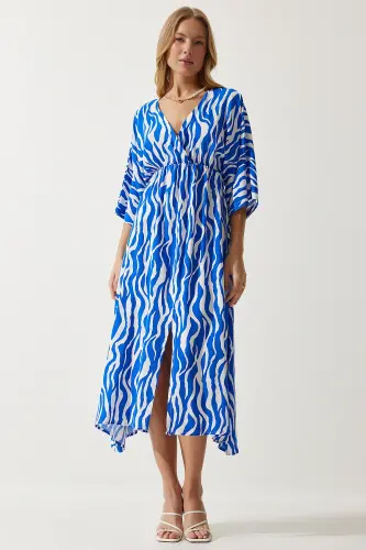 Woman Blue White Deep V Neck Summer Long Viscose Dress CI00081-Blue White - HAPPINESS İSTANBUL (1)