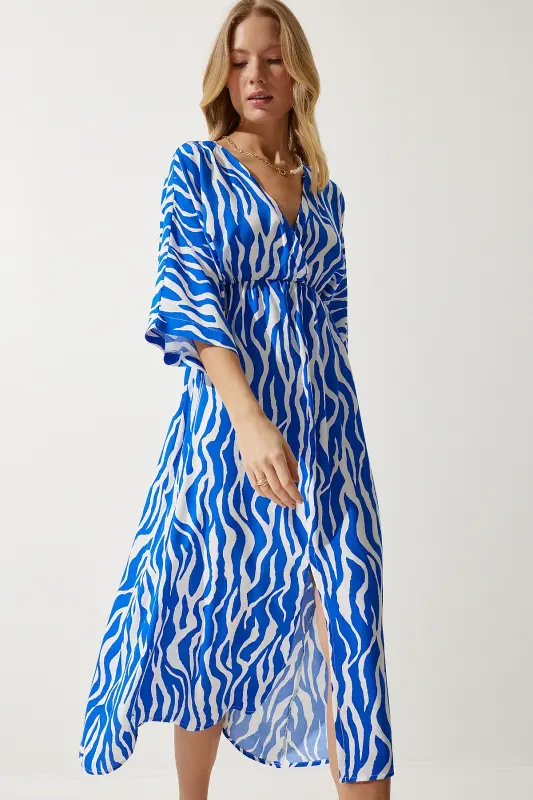 Woman Blue White Deep V Neck Summer Long Viscose Dress CI00081-Blue White - 4